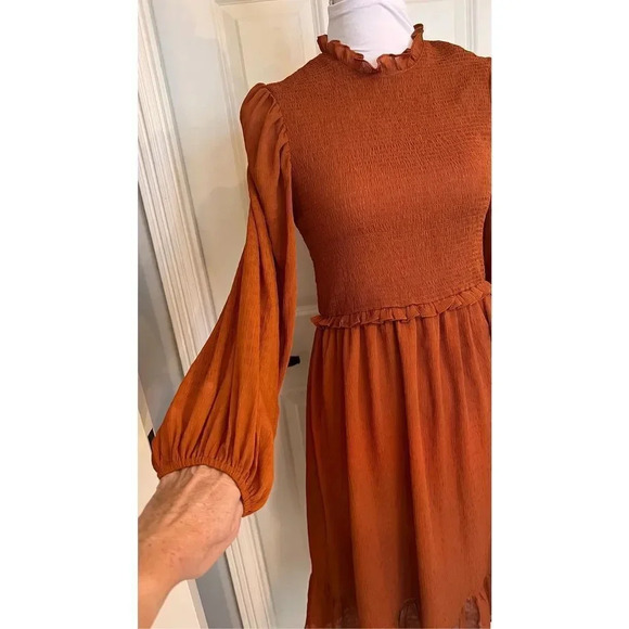Entrance Womens Small Cinnamon Orange Fit Flare Maxi Ruffle Dress Balloon Sleeve - Picture 2 of 13